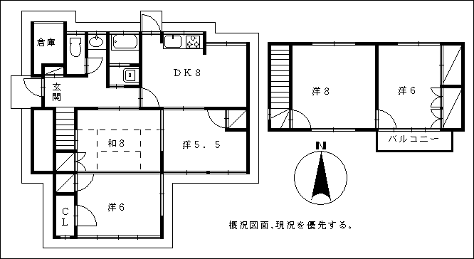 宮崎不動産 賃貸情報 貸家 アパート マンション kasiya04 宮崎市大字本郷南方 賃貸情報5DK+倉庫付き貸家1981 平面図 貸します。こゆプランニング